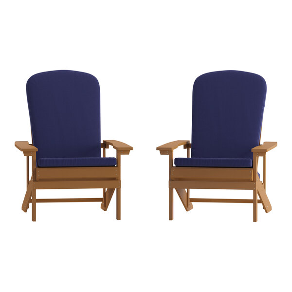 Flash Furniture Charlestown Teak Faux Wood Adirondack Chair with Blue Cushions - 2/Set
