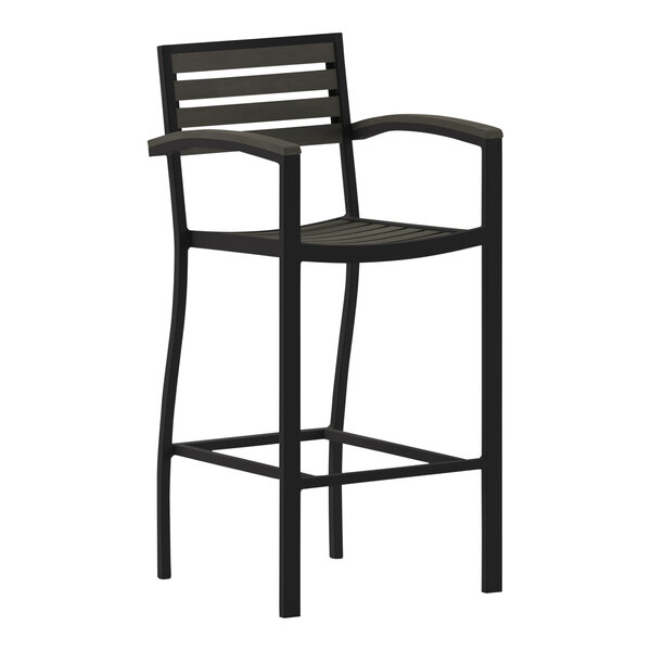 Flash Furniture Lark Gray Wash Faux Teak Slat Stackable Barstool with Arms