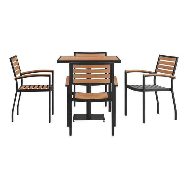 Flash Furniture Lark 30" x 30" Square Natural Faux Teak Slat Standard Height Table Set with 4 Stackable Arm Chairs