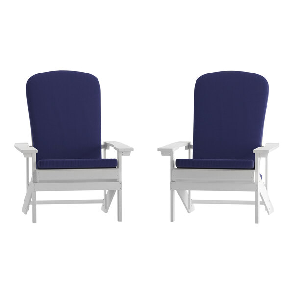 Flash Furniture Charlestown White Faux Wood Adirondack Chair with Blue Cushions - 2/Set