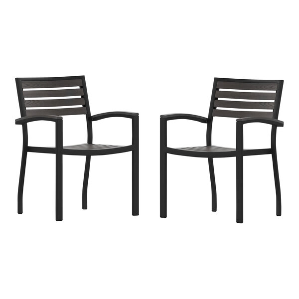 Flash Furniture Lark Gray Wash Faux Teak Slat Stackable Arm Chair - 2/Set