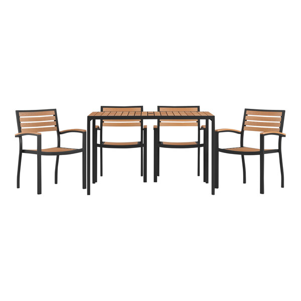 Flash Furniture Lark 30" x 48" Rectangular Natural Faux Teak Slat Standard Height Table Set with 4 Stackable Arm Chairs