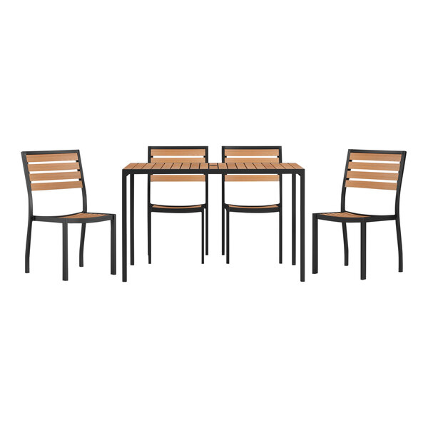 Flash Furniture Lark 30" x 48" Rectangular Natural Faux Teak Slat Standard Height Table Set with 4 Stackable Side Chairs