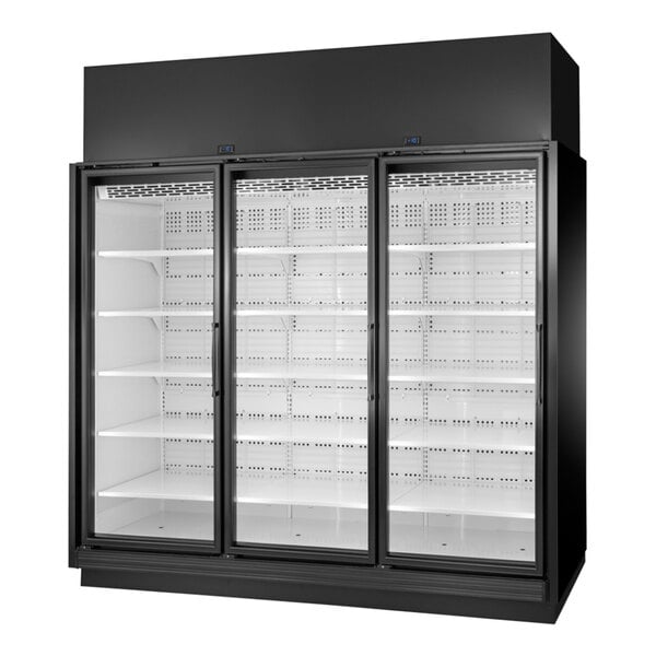 True 98" Black Glass Door Merchandiser Freezer with LED Lighting