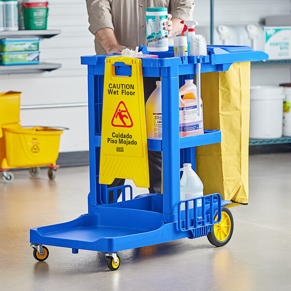 Industrial Cleaning Caddy Commercial Janitorial Cart With 4 Cabinets - Housekeeping Service Cart With Shelves, Hooks, Vinyl Bag & Silent Casters Housekeeping Cleaning Cart With Cabinets