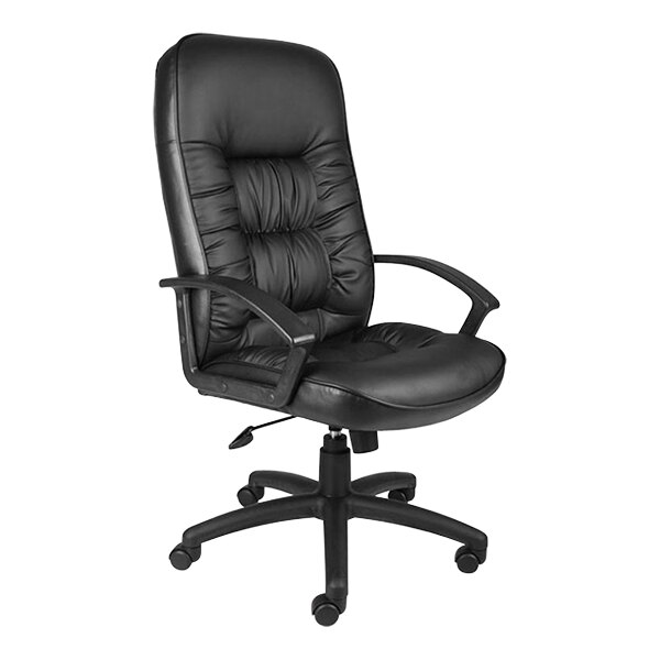 Boss Black LeatherPlus High-Back Executive Chair with Black Nylon Base and Polypropylene Loop Arms