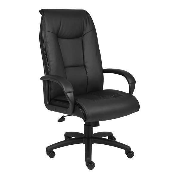Boss Black LeatherPlus High-Back Executive Chair with Padded Loop Arms and Pillow-Top Cushions