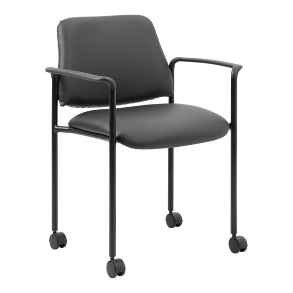 Boss Contemporary Black Caressoft Vinyl Stacking Guest Chair with Fixed Arms and Casters
