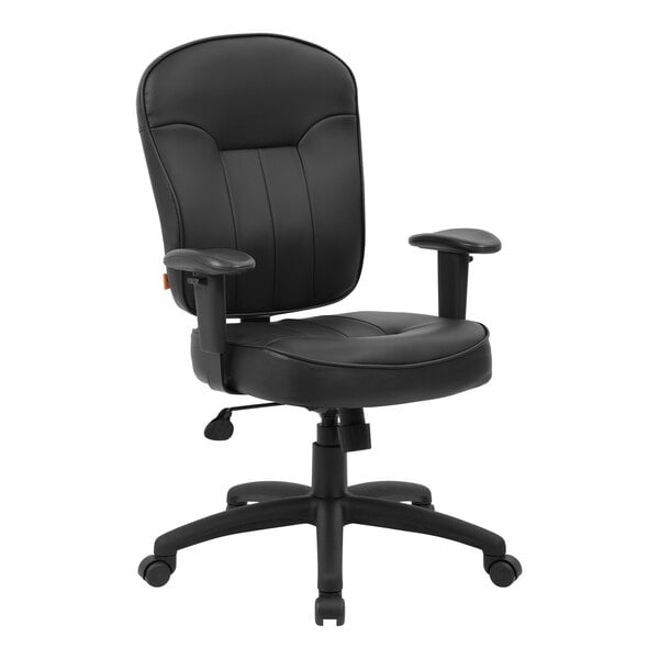 Boss Black LeatherPlus Mid-Back Task Chair with Adjustable Arms