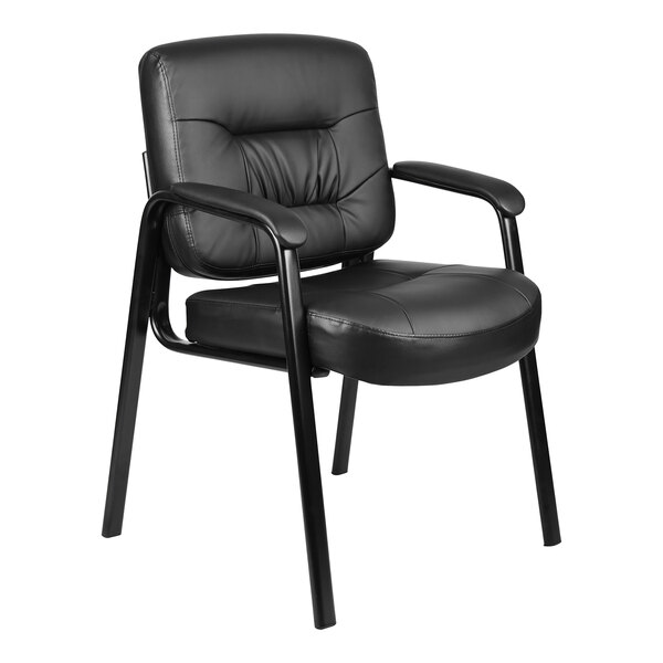 Boss Black LeatherPlus Mid-Back Executive Guest Chair with Padded Armrests and Steel Base