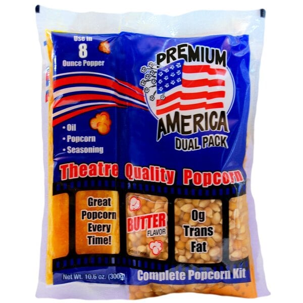 A blue and red bag of Great Western Premium America All-In-One Popcorn Kit with text on the bag.