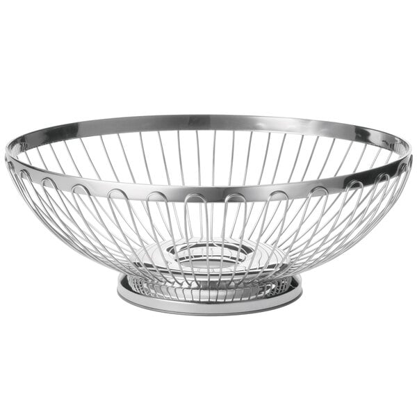 A Tablecraft stainless steel wire basket with a handle.