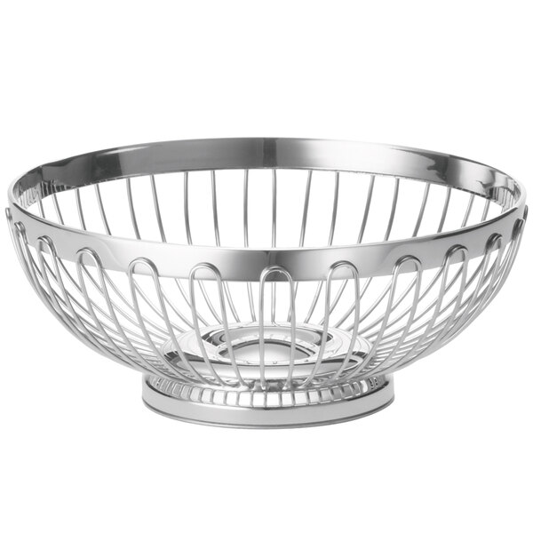 A Tablecraft stainless steel round basket with a handle.