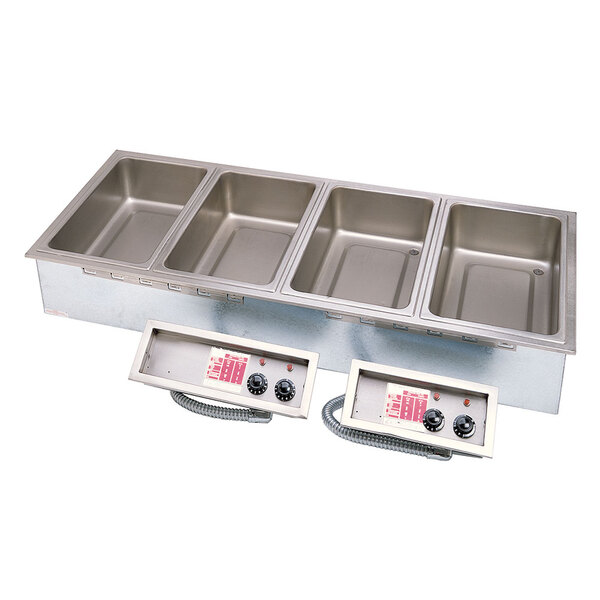 An APW Wyott stainless steel drop-in hot food well with three pans and a control panel.