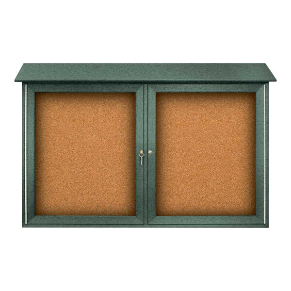 United Visual Products 45" x 30" Double Door Message Center with Corkboard and Woodland Green Recycled Plastic Frame