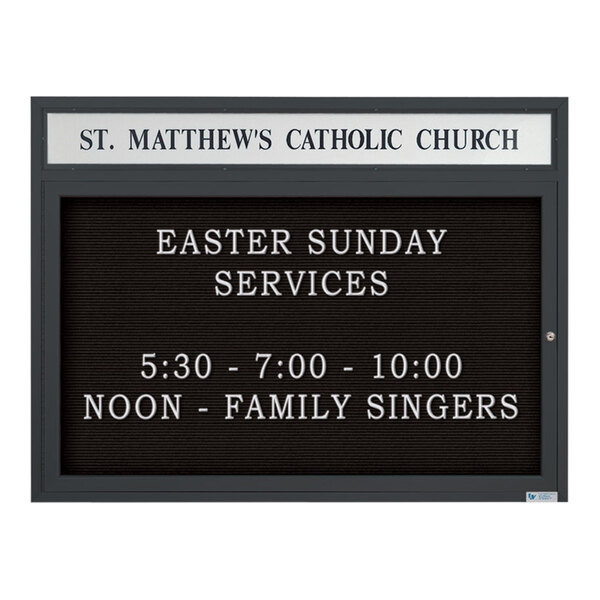 United Visual Products 43" x 33" Black Single-Sided Enclosed Outdoor Church Letterboard with Header