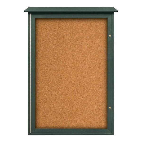United Visual Products 32" x 48" Single Door Message Center with Corkboard and Woodland Green Recycled Plastic Frame