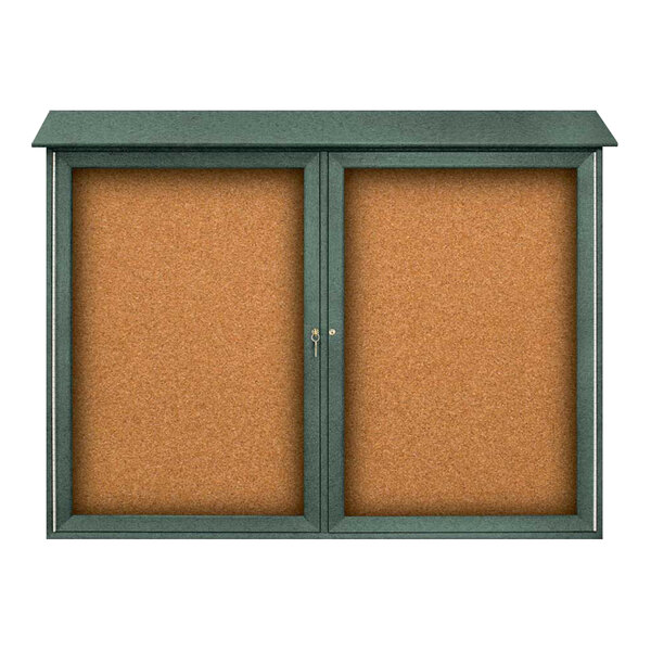United Visual Products 52" x 40" Double Door Message Center with Corkboard and Woodland Green Recycled Plastic Frame