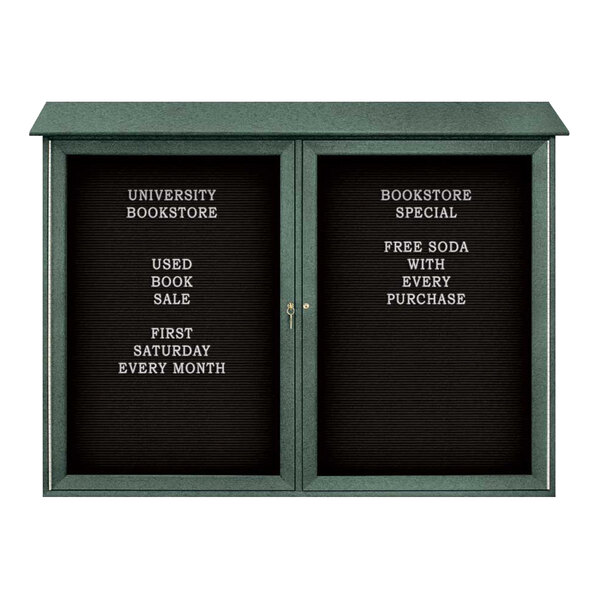 United Visual Products 52" x 40" Double Door Message Center with Black Felt Letterboard and Woodland Green Recycled Plastic Frame