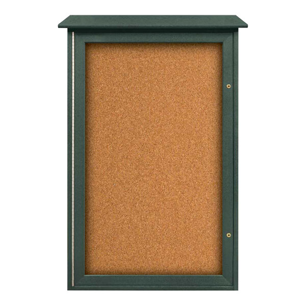 United Visual Products 26" x 42" Single Door Message Center with Corkboard and Woodland Green Recycled Plastic Frame