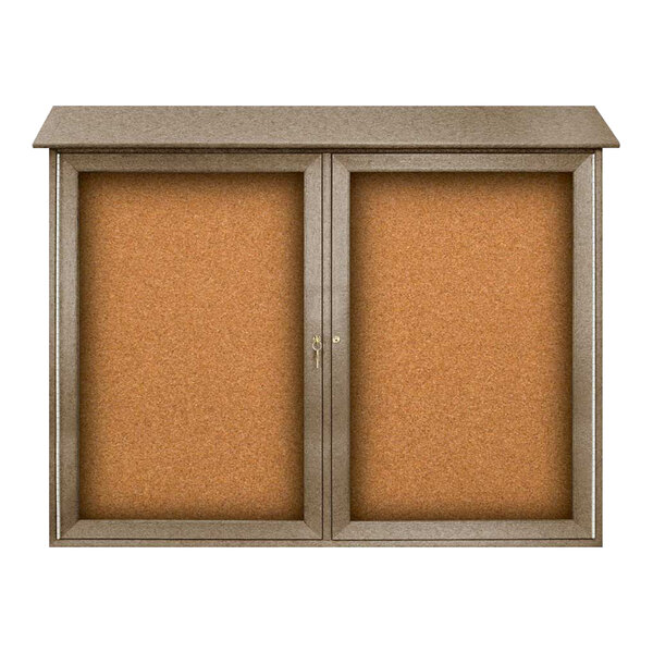 United Visual Products 45" x 36" Double Door Message Center with Corkboard and Weathered Wood Recycled Plastic Frame