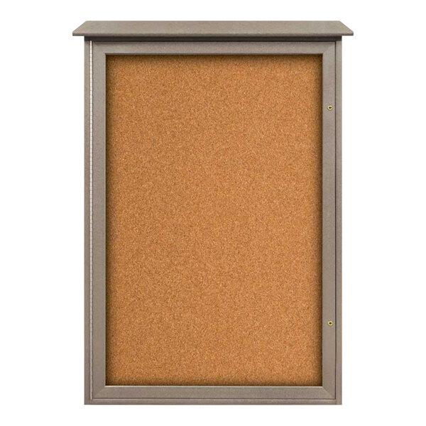 United Visual Products 32" x 48" Single Door Message Center with Corkboard and Weathered Wood Recycled Plastic Frame
