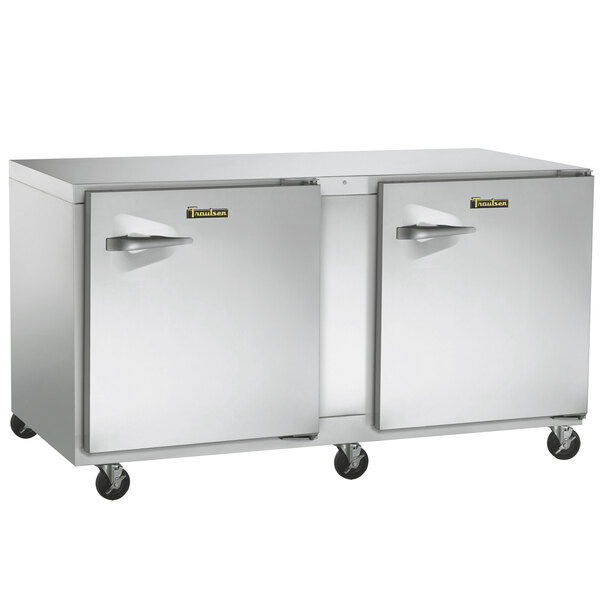 A large Traulsen stainless steel undercounter refrigerator with two right hinged doors.