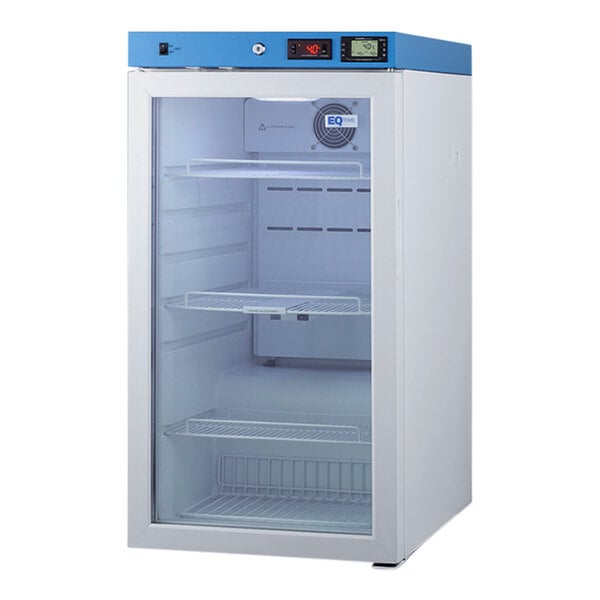 Summit Appliance ACR32GNSF456 EQTemp ACR Series 3.17 Cu. Ft. White / Blue Compact Glass Door Reach-In Medical Refrigerator with Temperature-Monitored Vaccine Storage - 115V