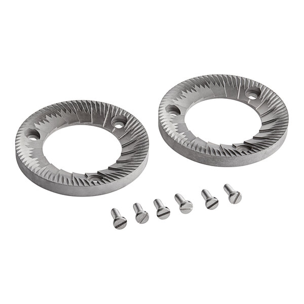 Two circular metal burr rings with screws and nuts.