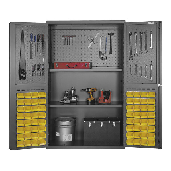 Valley Craft 14 Gauge 48" x 24" x 78" 2-Shelf Steel Pegboard Tool Storage Cabinet with 64 Yellow Bins F85880A5