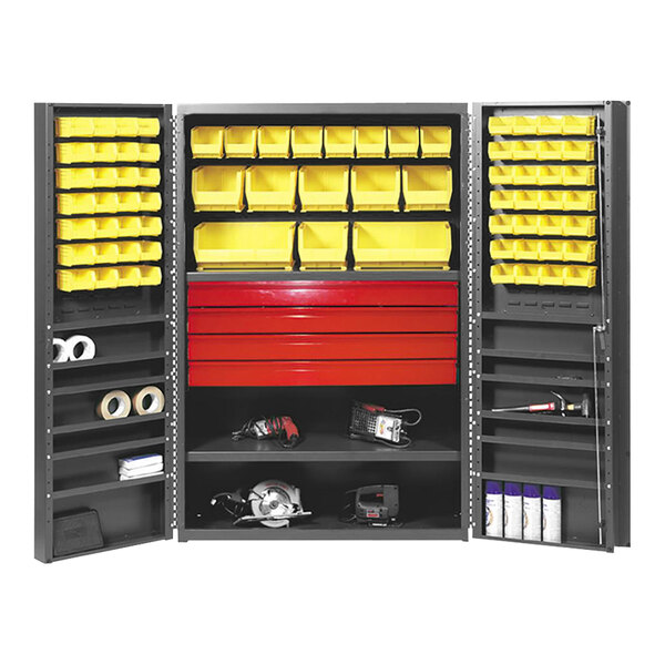 Valley Craft 14 Gauge 48" x 24" x 72" 2-Shelf Steel Storage Cabinet with 72 Yellow Bins, Door Shelves, and Drawers F88128A1