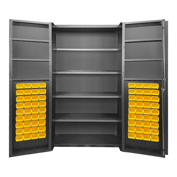Valley Craft 14 Gauge 48" x 24" x 84" 4-Shelf Steel Storage Cabinet with 72 Yellow Bins, 4" Deep Doors, and Door Shelves F89094