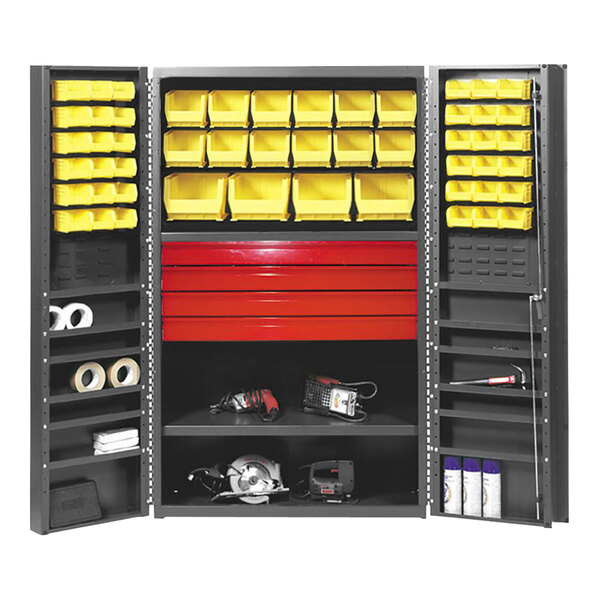 Valley Craft 14 Gauge 36" x 24" x 72" 2-Shelf Steel Storage Cabinet with 58 Yellow Bins, Door Shelves, and Drawers F88130A9