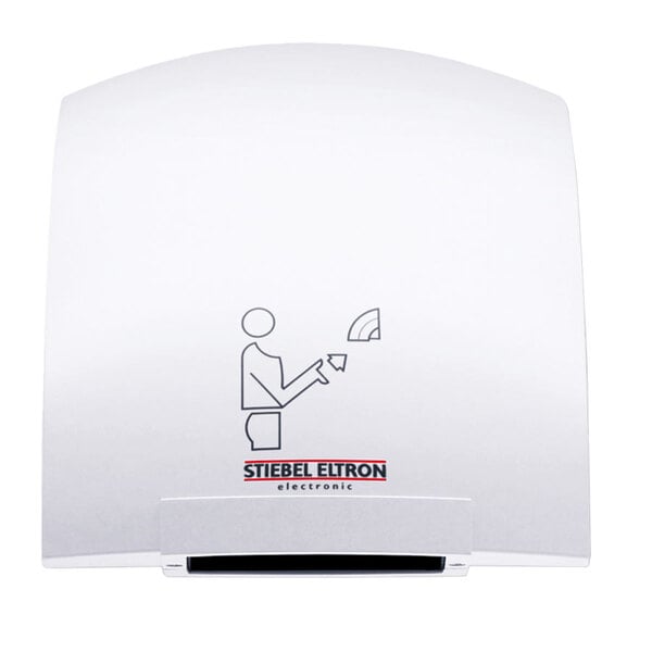 A white rectangular object with a black border and a drawing of a man using a Stiebel Eltron hand dryer.