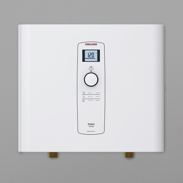 A white rectangular Stiebel Eltron Tempra tankless water heater with a digital screen.