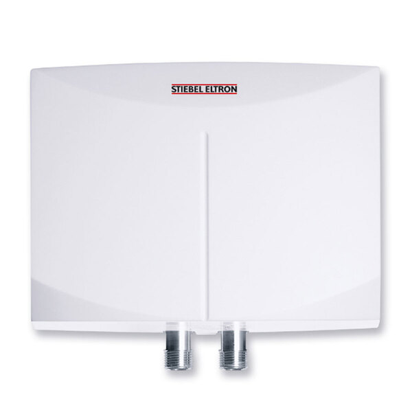 A white rectangular Stiebel Eltron tankless water heater with two metal connectors.