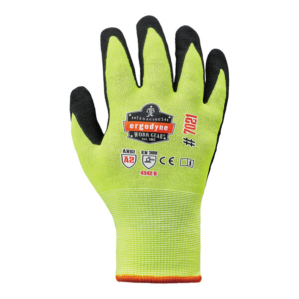 Ergodyne ProFlex 7021 Hi-Vis Lime Cut-Resistant HPPE Nylon / Spandex Gloves with WSX Nitrile Palm Coating 17964 - Large