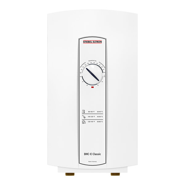 A white rectangular Stiebel Eltron tankless water heater with a dial and buttons.