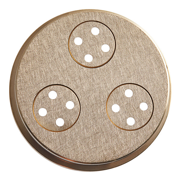 A round metal Estella Bigoli pasta die with four holes in it.