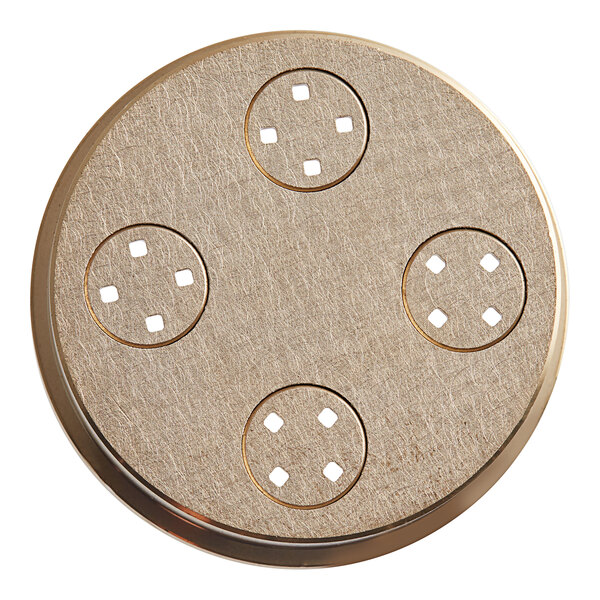 A round metal Estella spaghetti alla chitarra pasta die with circular holes in it.