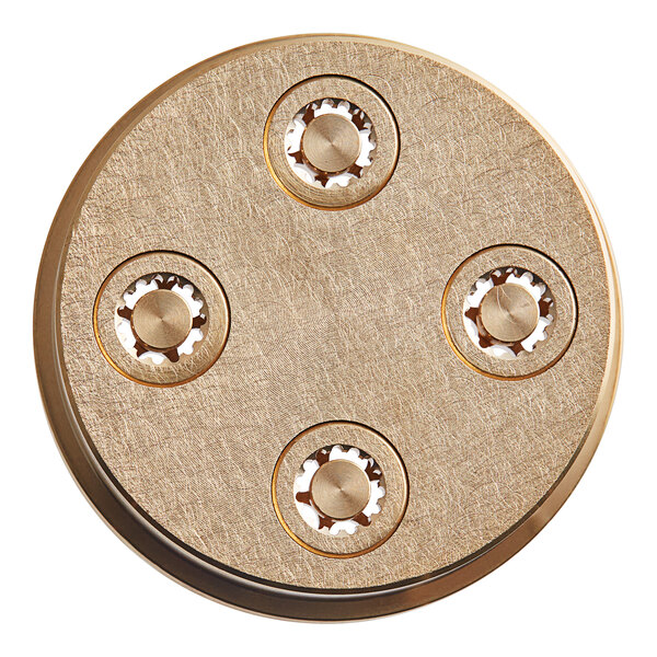 A circular gold object with four circular objects and a circular object in the center.