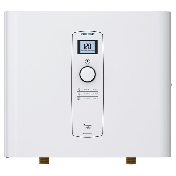 A white rectangular Stiebel Eltron tankless water heater with a digital screen.