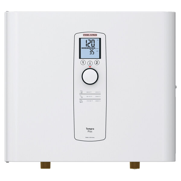 A white Stiebel Eltron Tempra 29 Plus tankless water heater with a digital display and black and white buttons.