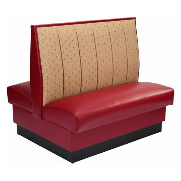 An American Tables & Seating red and tan upholstered booth with black seat.
