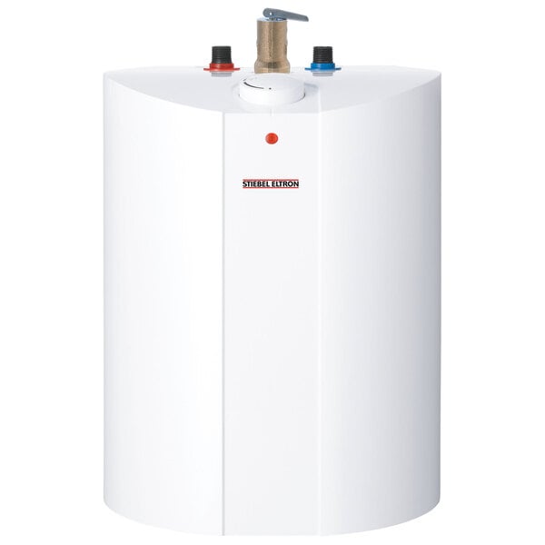 A white Stiebel Eltron mini tank water heater with a red label.