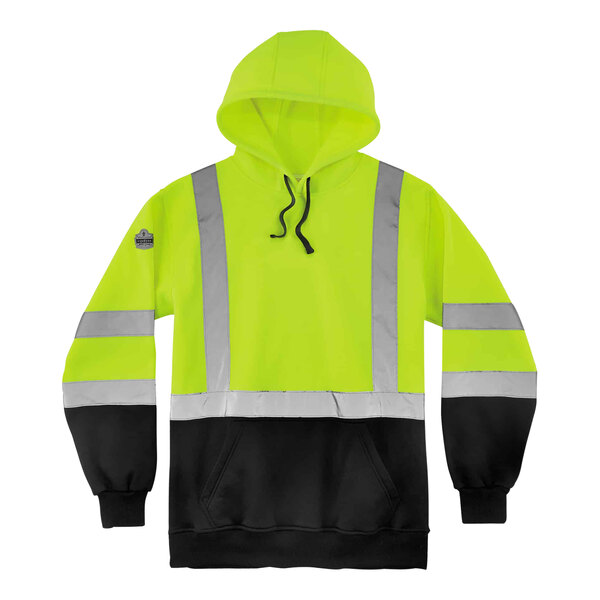 Ergodyne GloWear 8373 Type R Class 3 Hi-Vis Lime Green Hooded Sweatshirt with Reflective Tape and Black Front Panel
