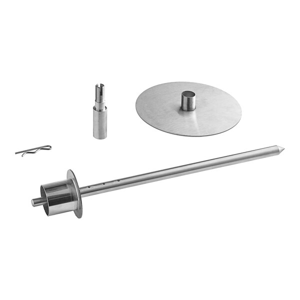An Avantco stainless steel spit assembly with a disc and a pin.