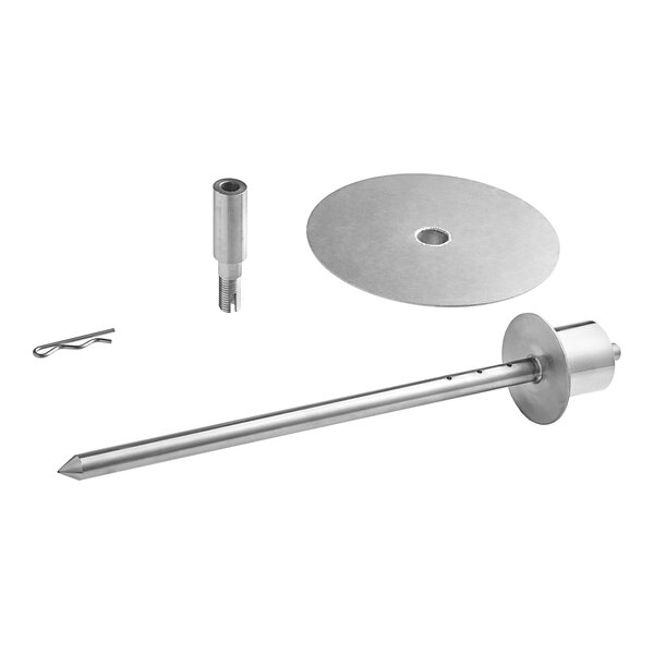 An Avantco stainless steel spit assembly with a disc and a pin.