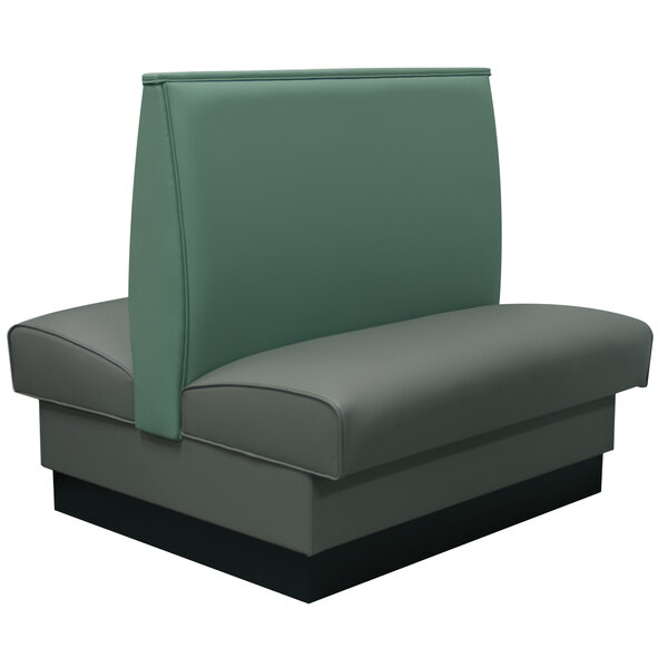An American Tables & Seating Fully Upholstered Restaurant Booth with a grey seat and black and green accents.