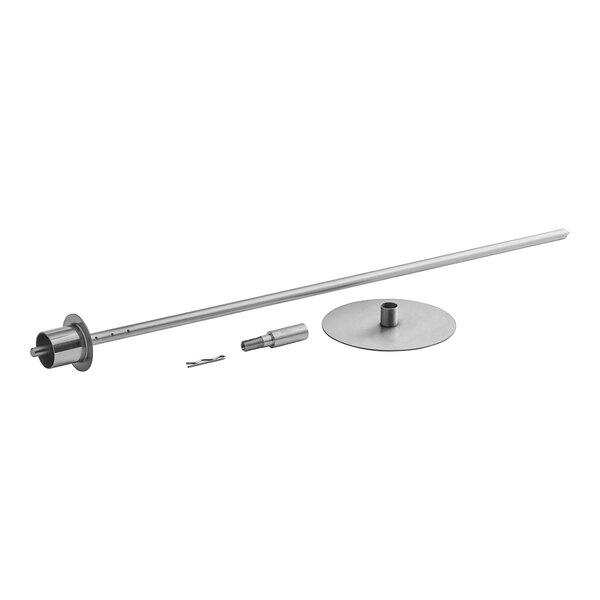An Avantco spit assembly with a long silver metal pole and silver handle.